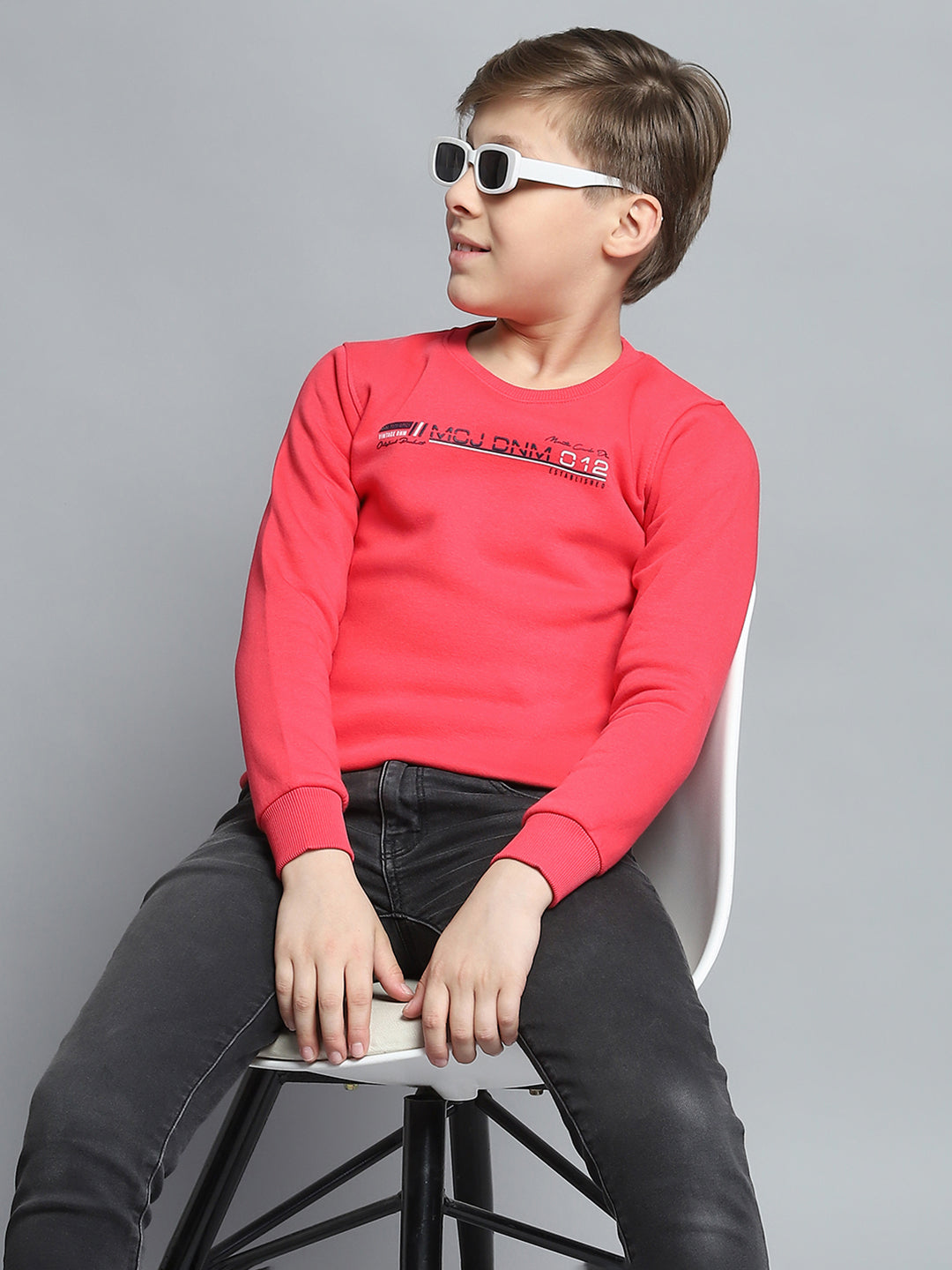 Boys Pink Printed Round Neck Full Sleeve Pullover