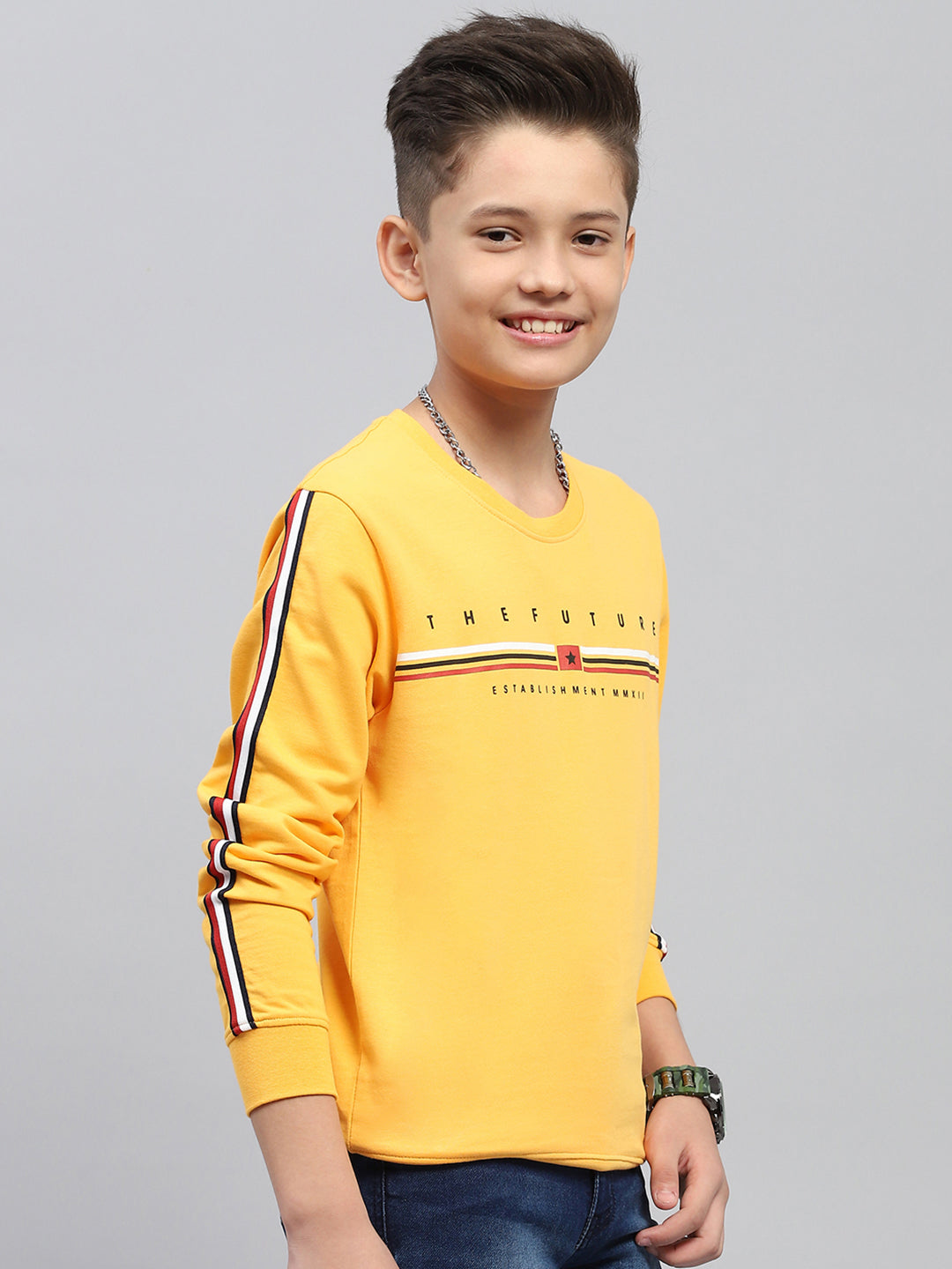 Boys Mustard Printed Round Neck Full Sleeve Sweatshirt