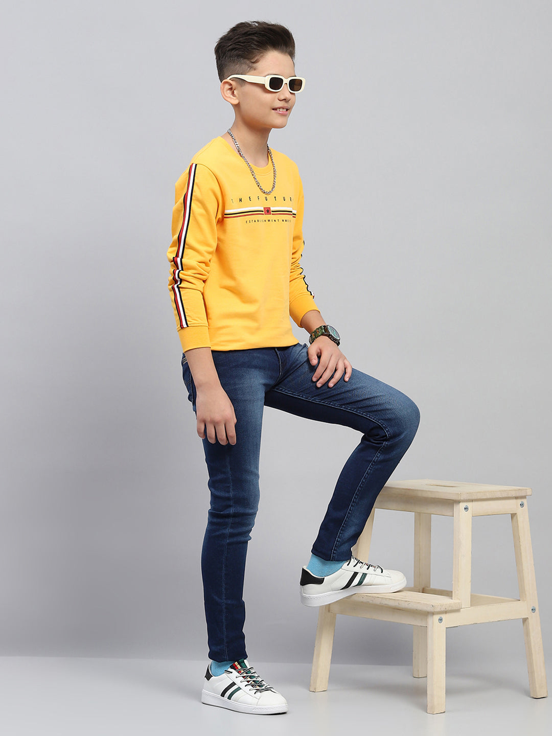 Boys Mustard Printed Round Neck Full Sleeve Sweatshirt