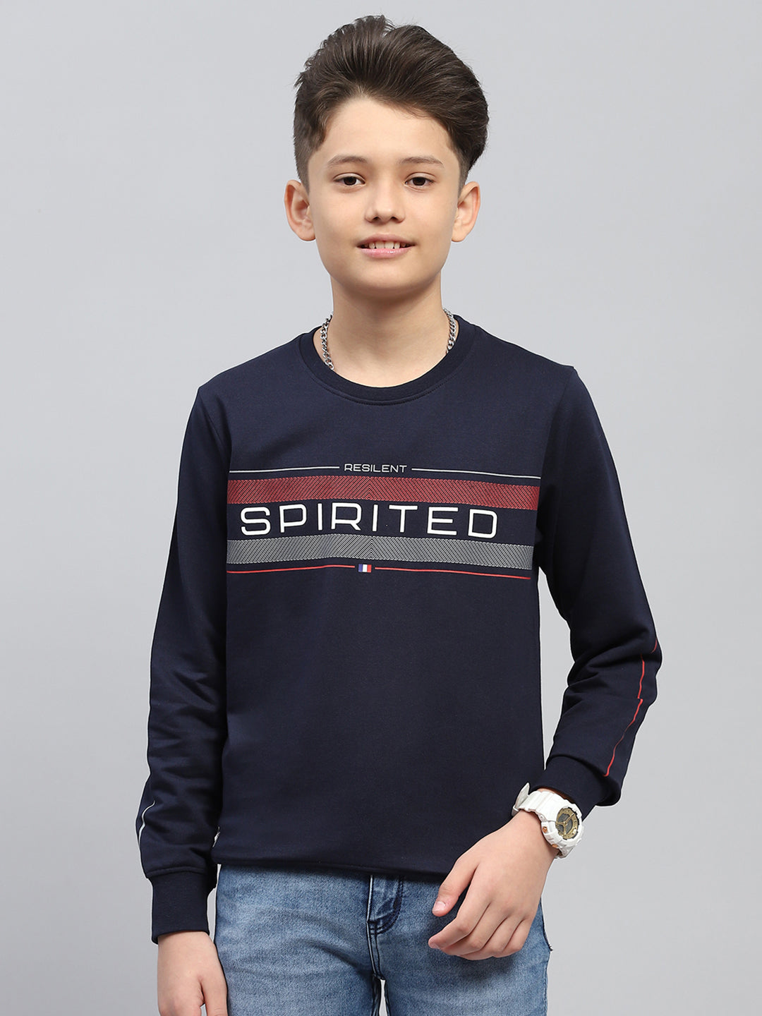 Boys Navy Blue Printed Round Neck Full Sleeve Sweatshirt