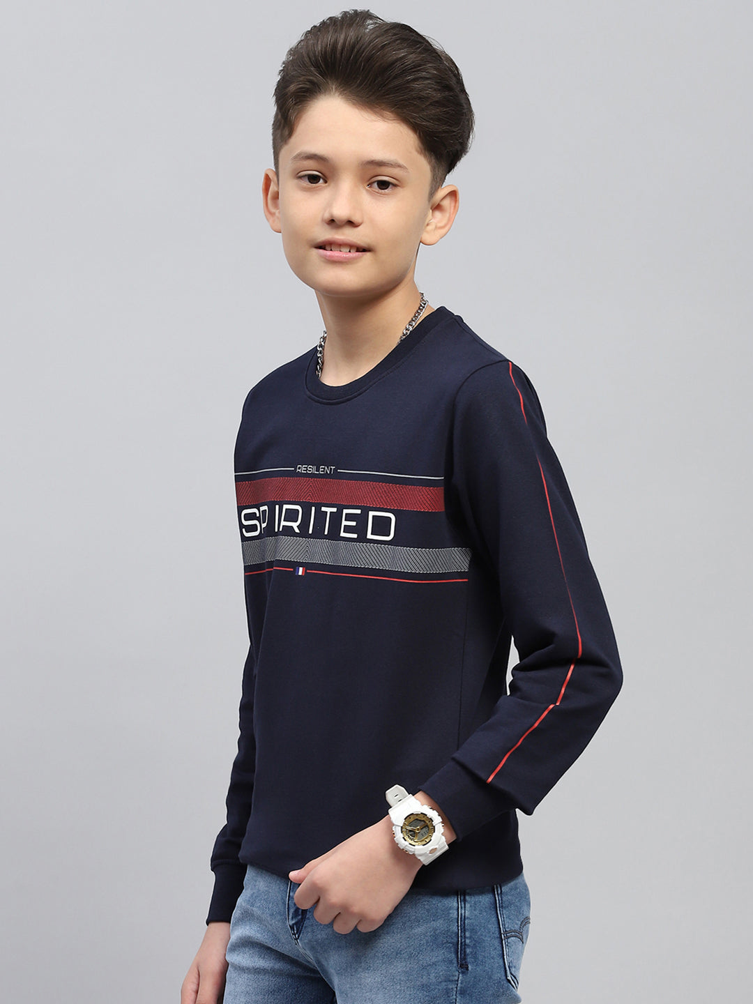 Boys Navy Blue Printed Round Neck Full Sleeve Sweatshirt