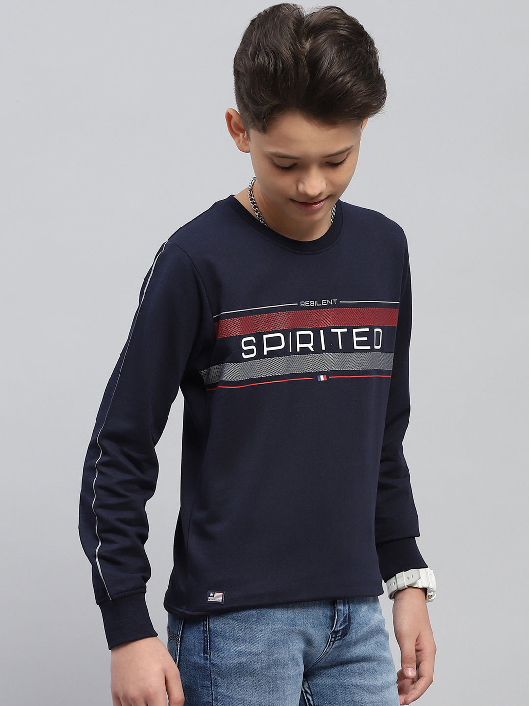 Boys Navy Blue Printed Round Neck Full Sleeve Sweatshirt
