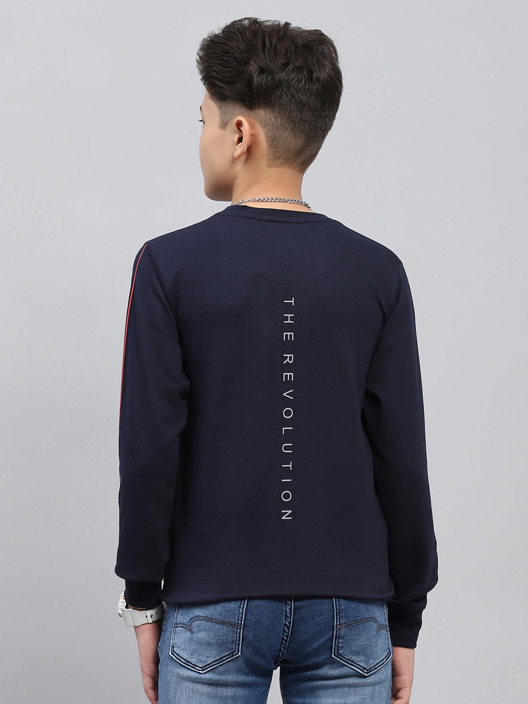 Boys Navy Blue Printed Round Neck Full Sleeve Sweatshirt