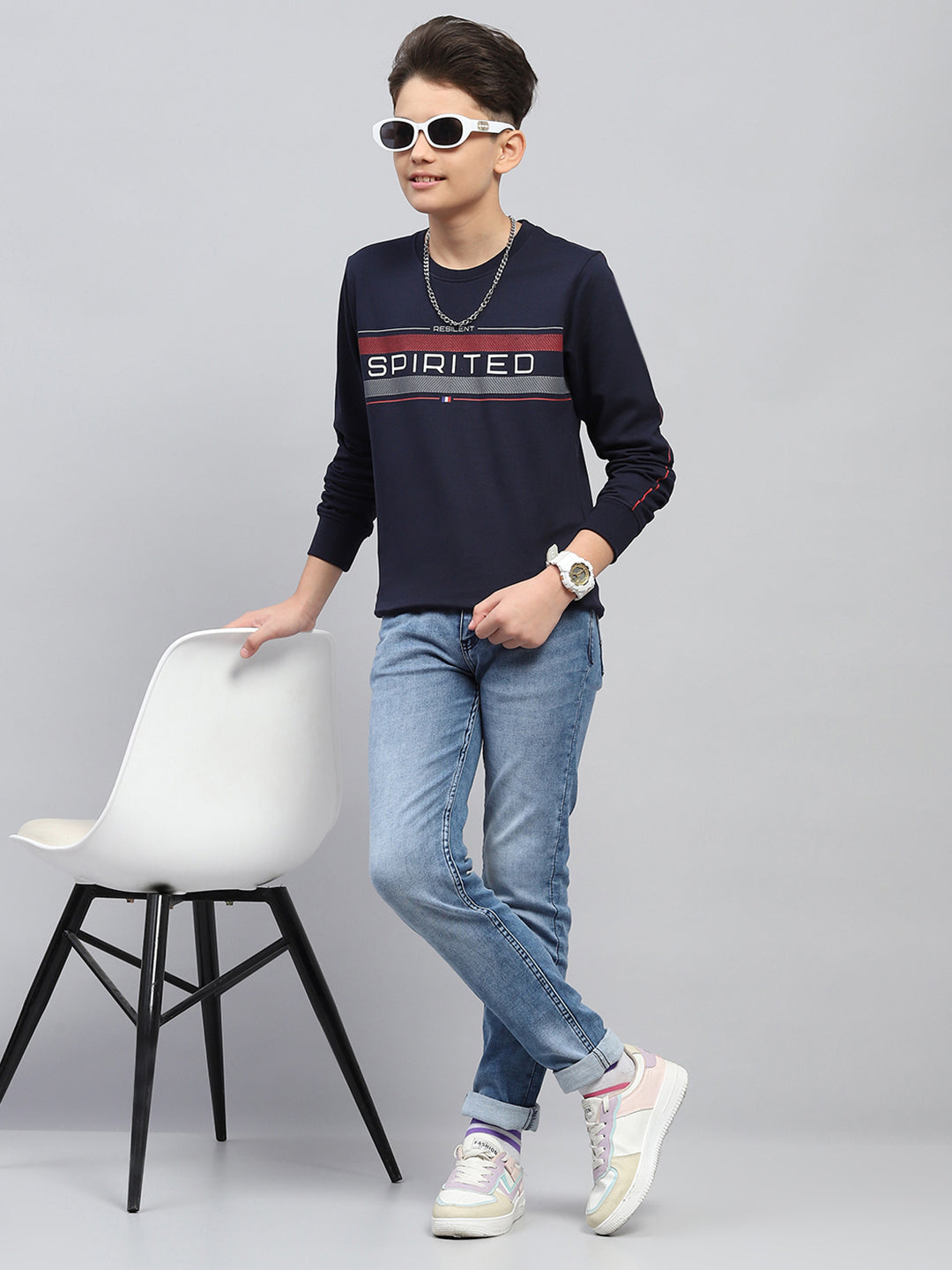 Boys Navy Blue Printed Round Neck Full Sleeve Sweatshirt