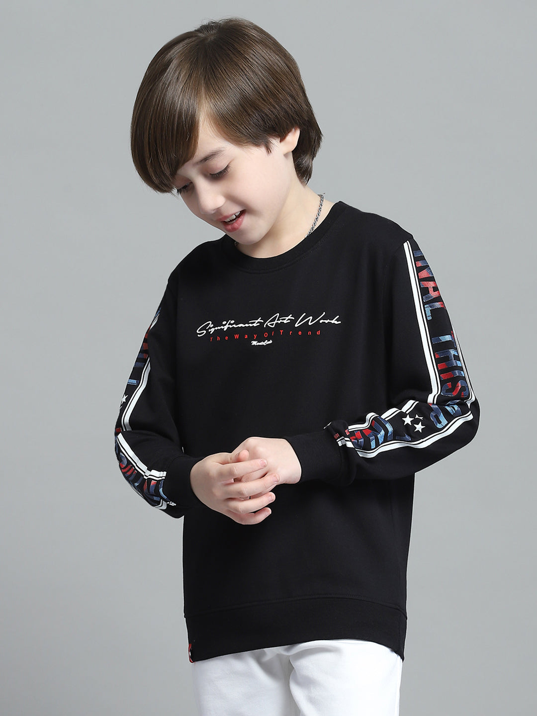 Boys Black Printed Round Neck Full Sleeve Sweatshirt