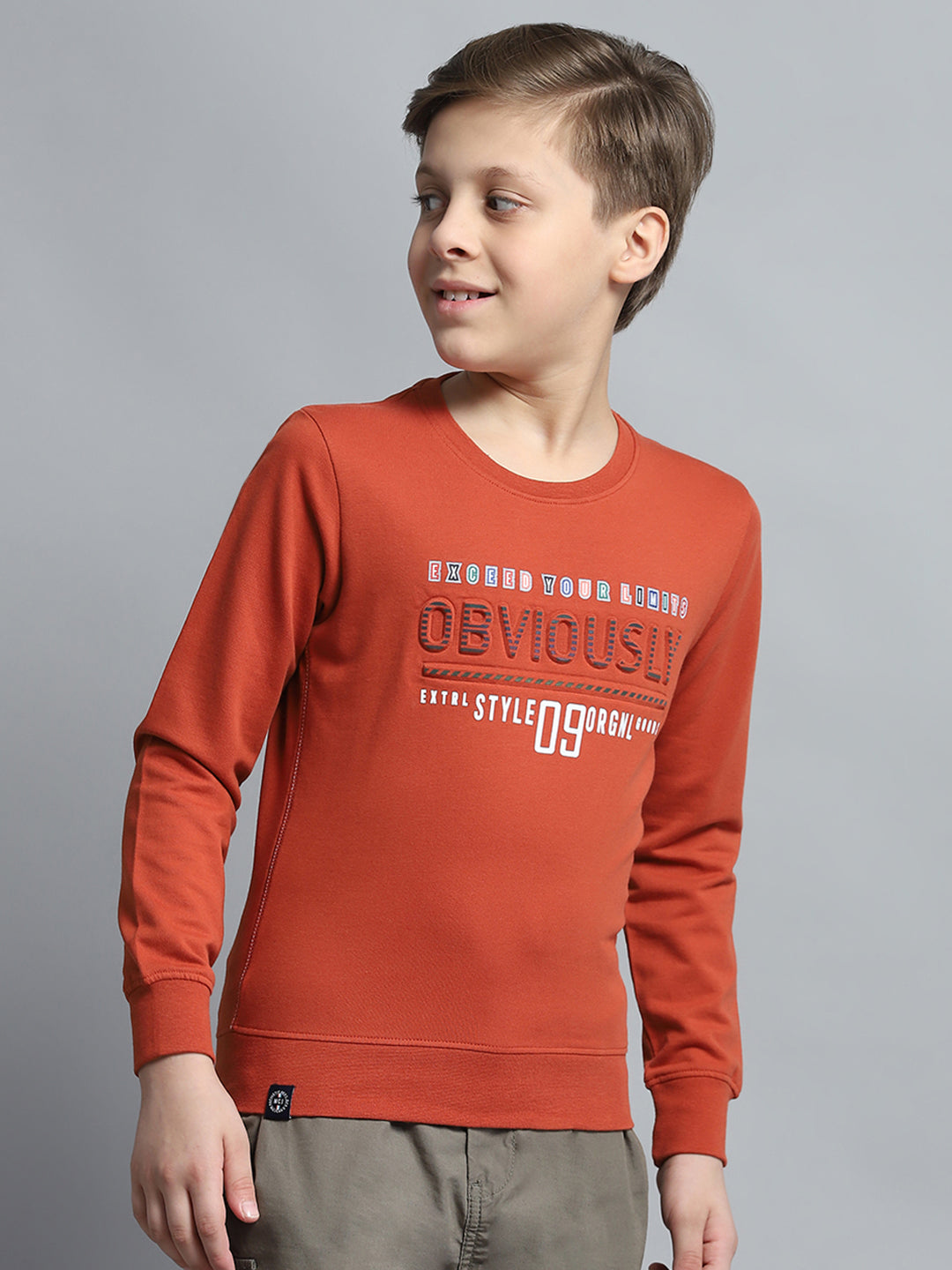 Boys Rust Printed Round Neck Full Sleeve Pullover