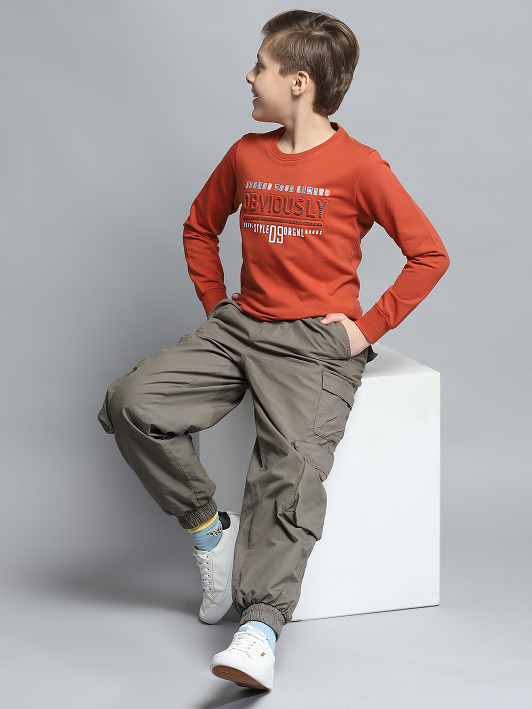 Boys Rust Printed Round Neck Full Sleeve Pullover