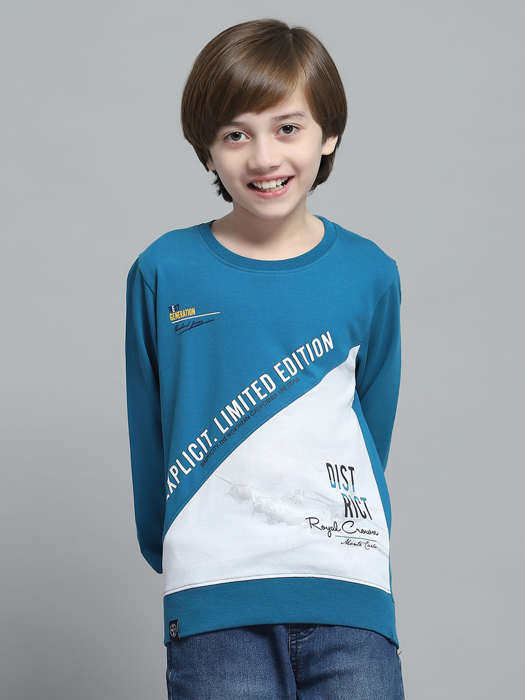 Boys Teal Blue Printed Round Neck Full Sleeve Sweatshirt