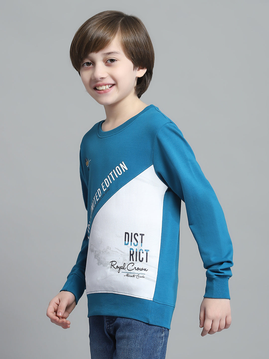 Boys Teal Blue Printed Round Neck Full Sleeve Sweatshirt