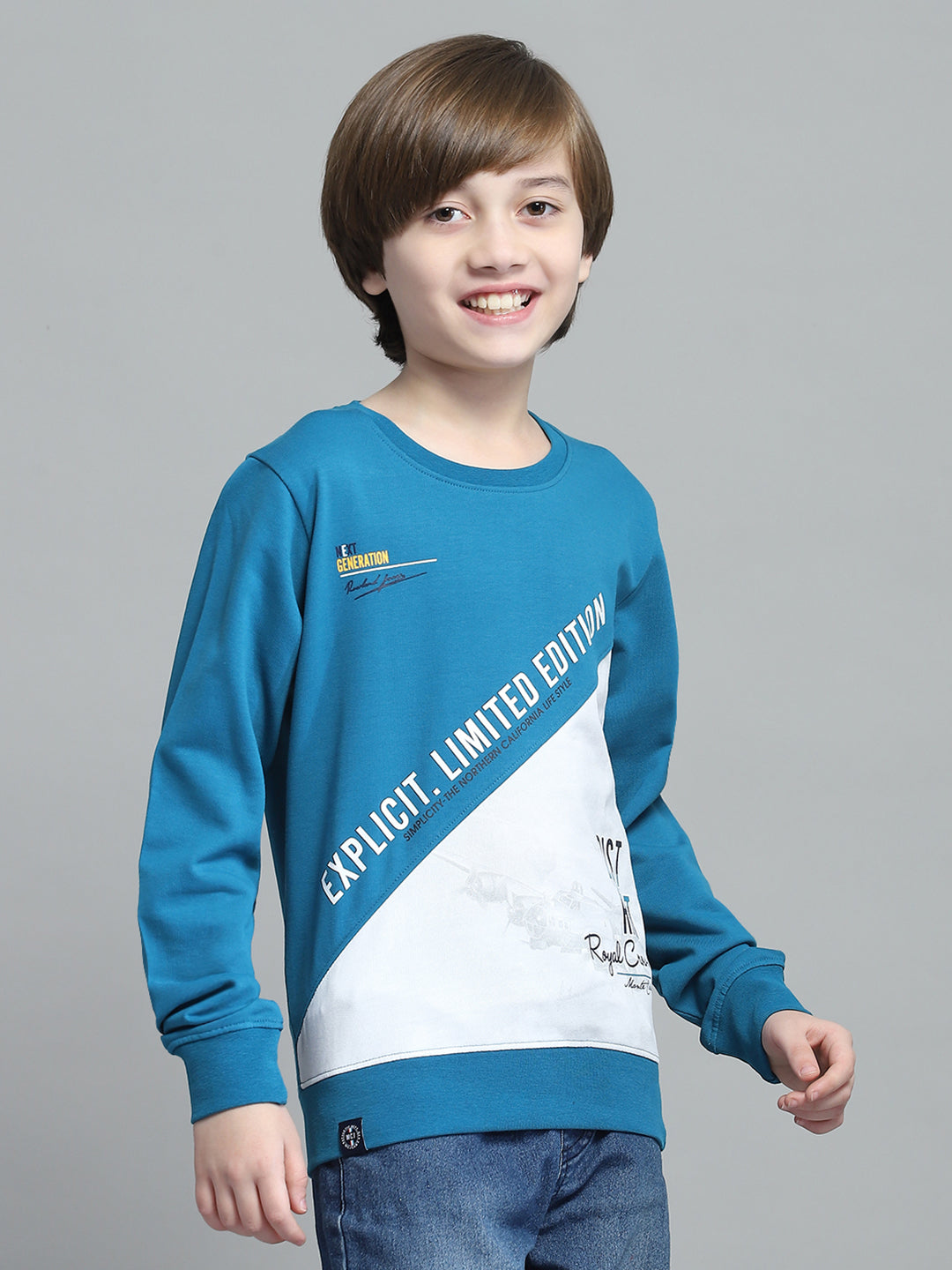Boys Teal Blue Printed Round Neck Full Sleeve Sweatshirt