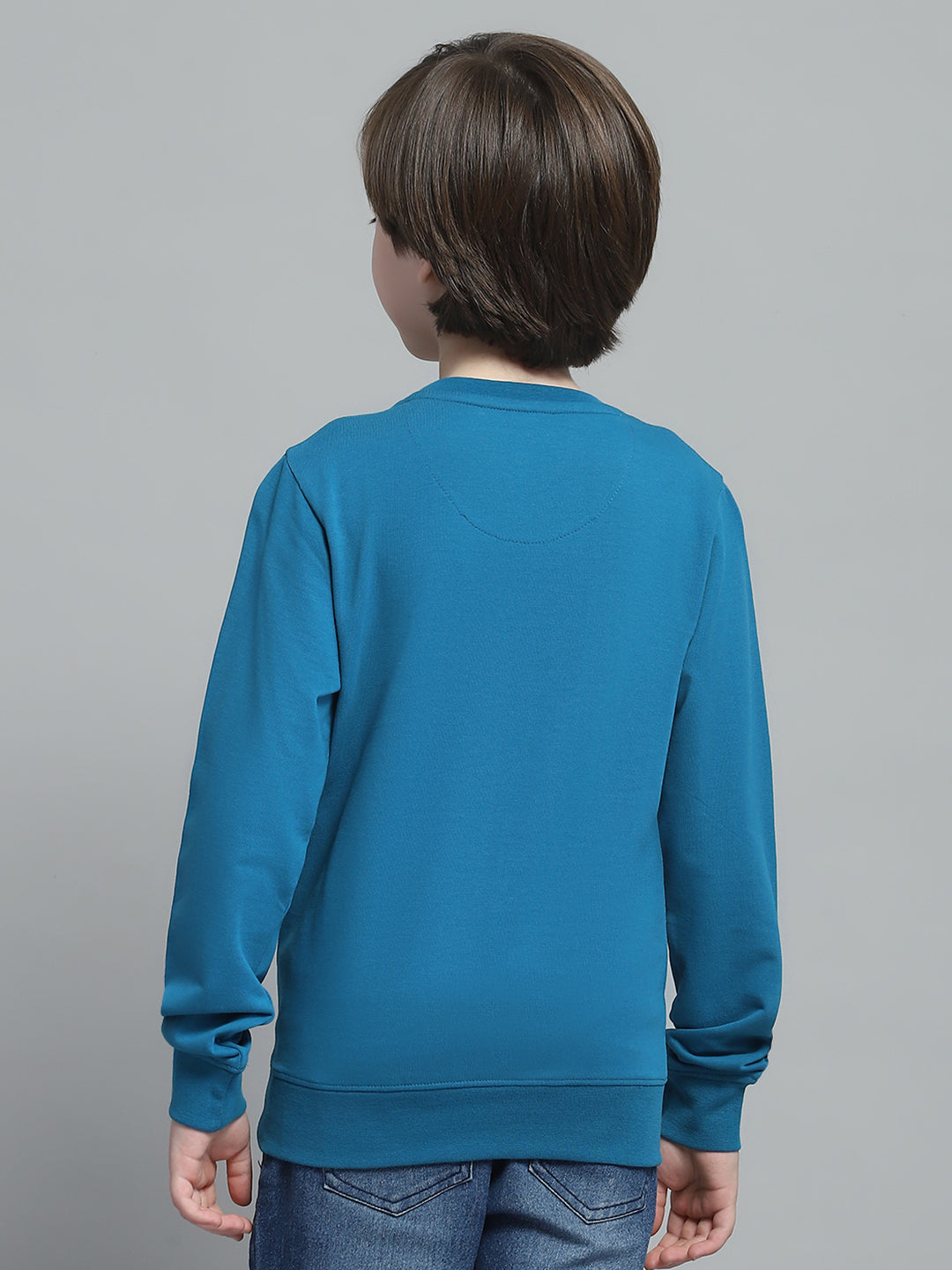 Boys Teal Blue Printed Round Neck Full Sleeve Sweatshirt