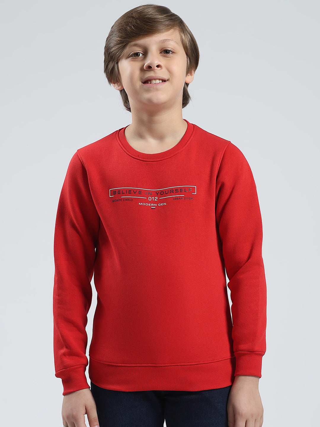 Boys Red Printed Round Neck Full Sleeve Sweatshirt