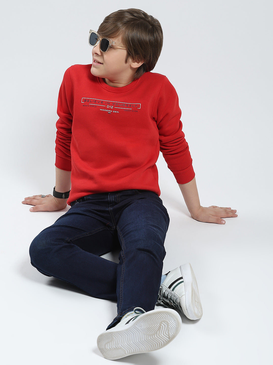 Boys Red Printed Round Neck Full Sleeve Sweatshirt