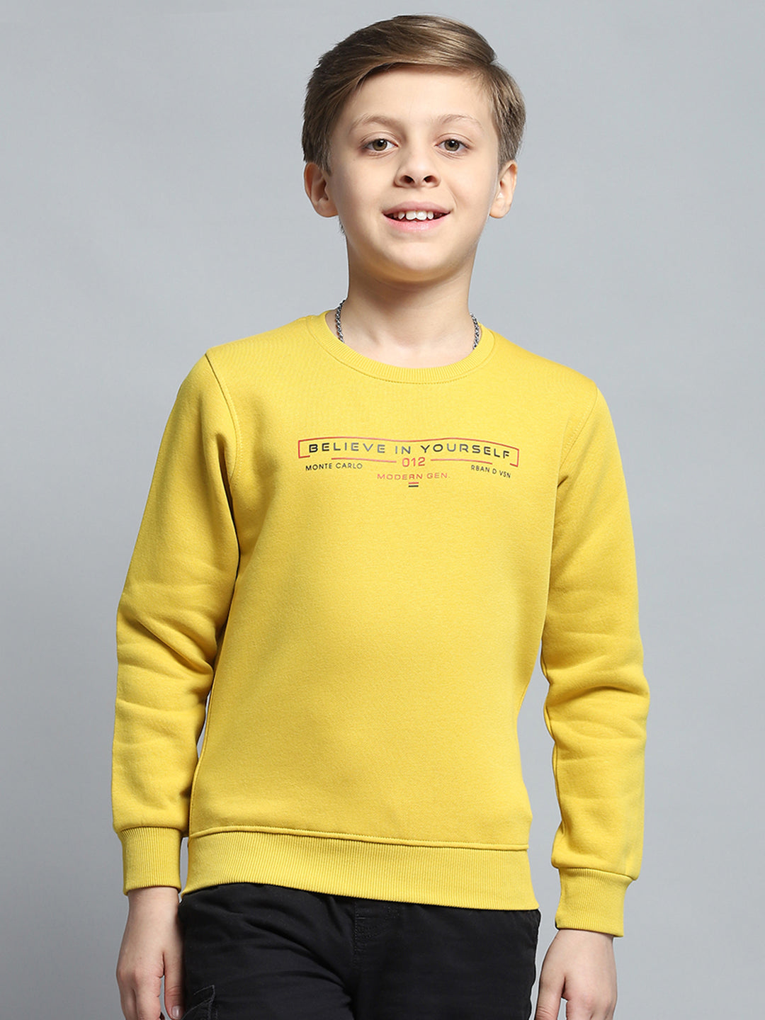 Boys Yellow Printed Round Neck Full Sleeve Pullover
