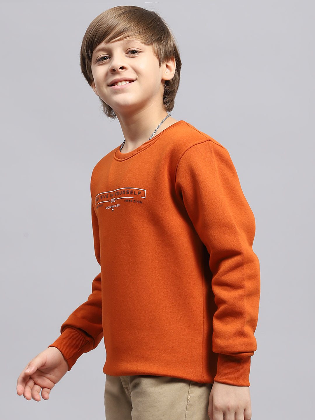 Boys Rust Printed Round Neck Full Sleeve Sweatshirt