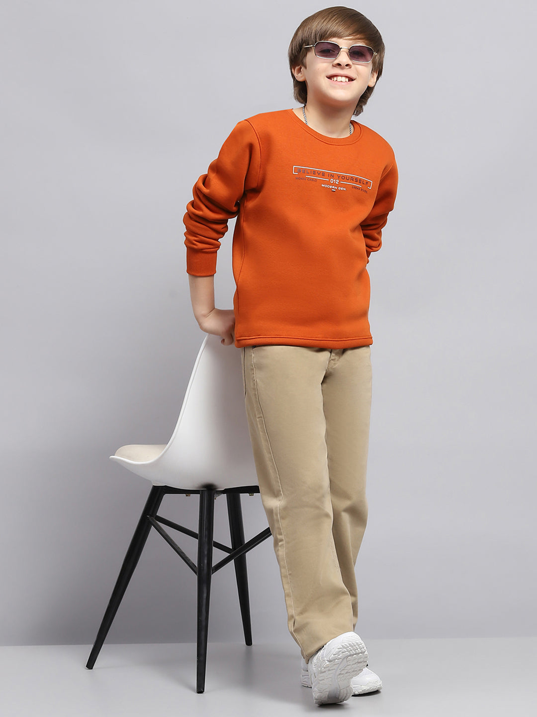 Boys Rust Printed Round Neck Full Sleeve Sweatshirt