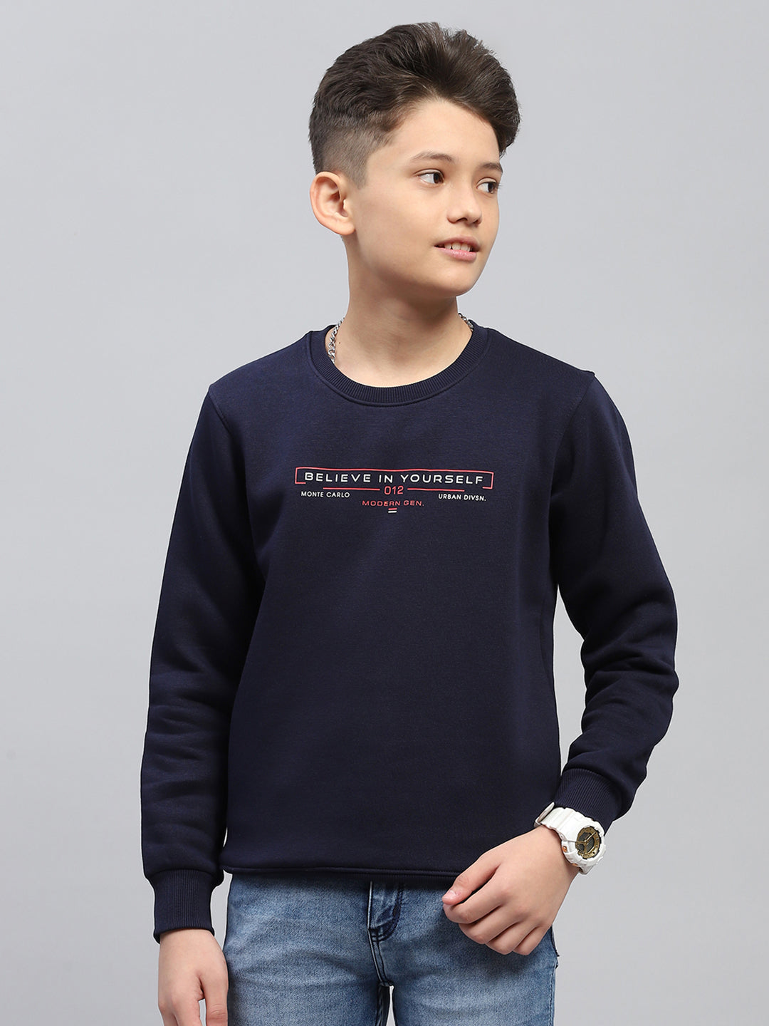 Boys Navy Blue Printed Round Neck Full Sleeve Sweatshirt