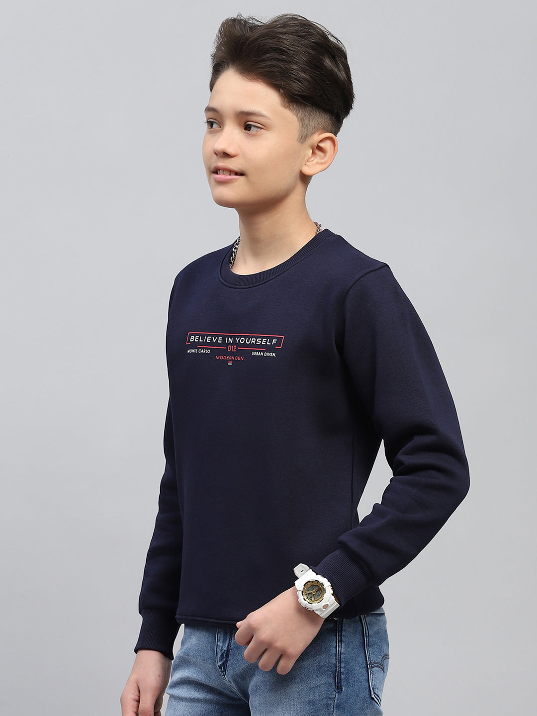 Boys Navy Blue Printed Round Neck Full Sleeve Sweatshirt