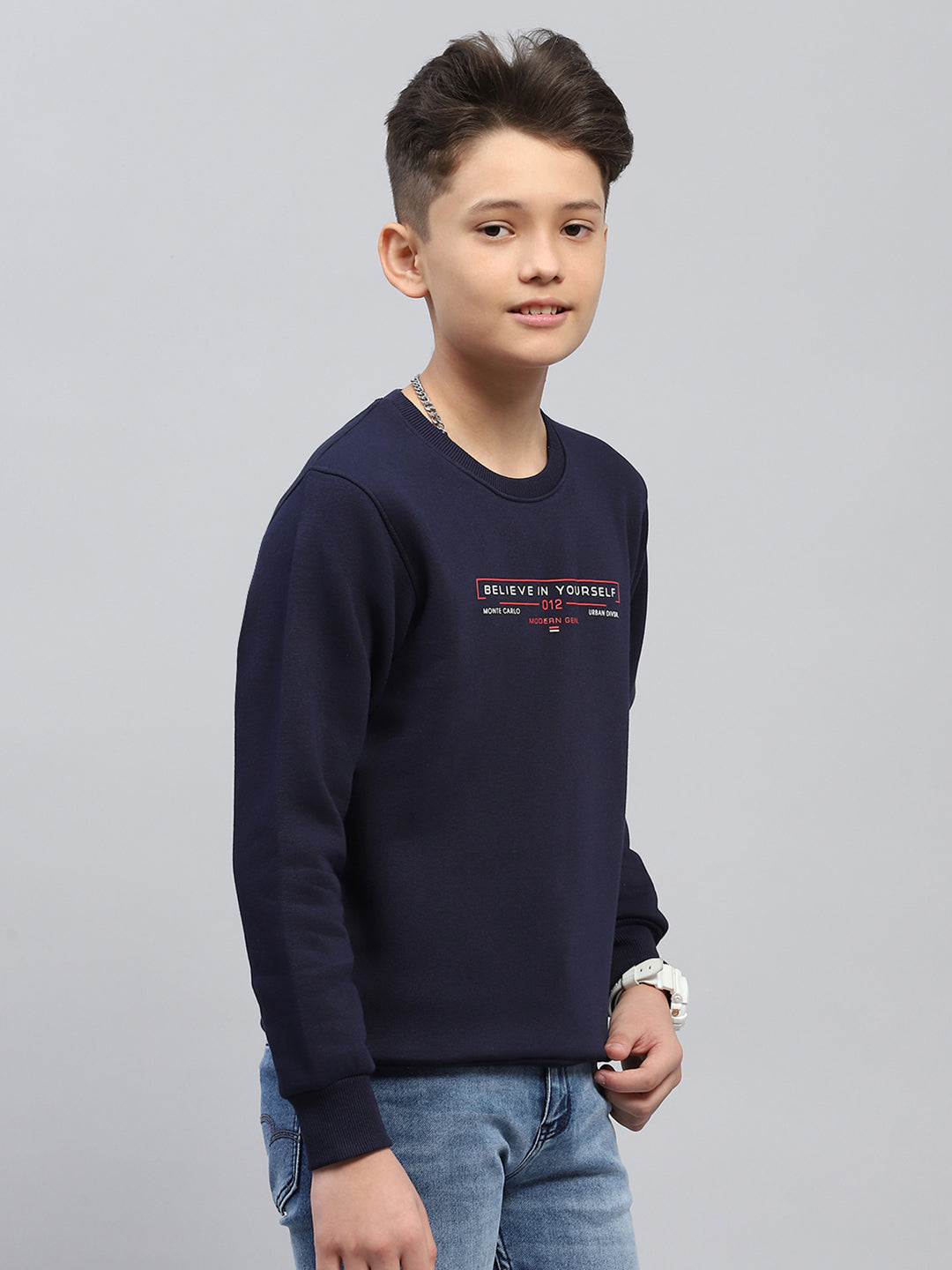 Boys Navy Blue Printed Round Neck Full Sleeve Sweatshirt