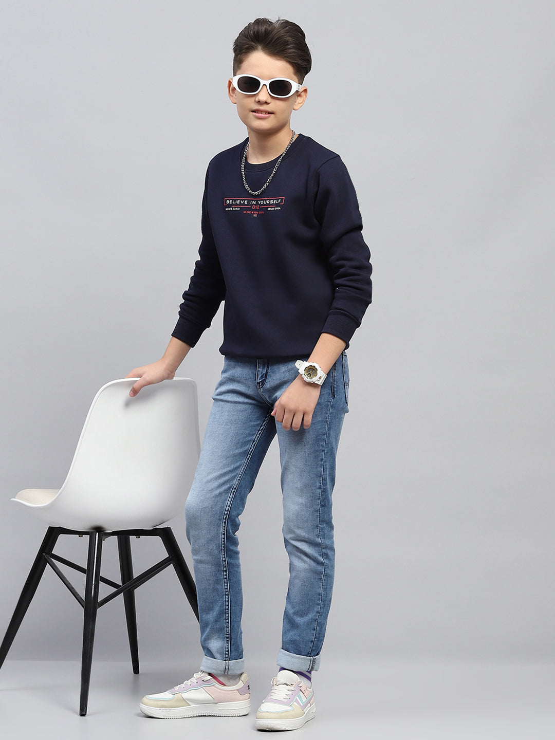 Boys Navy Blue Printed Round Neck Full Sleeve Sweatshirt