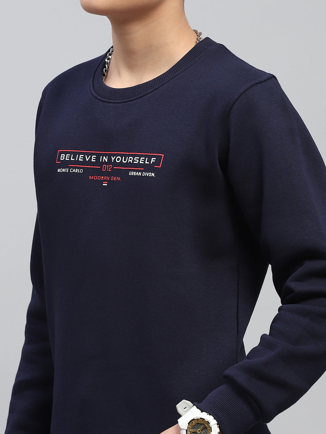 Boys Navy Blue Printed Round Neck Full Sleeve Sweatshirt