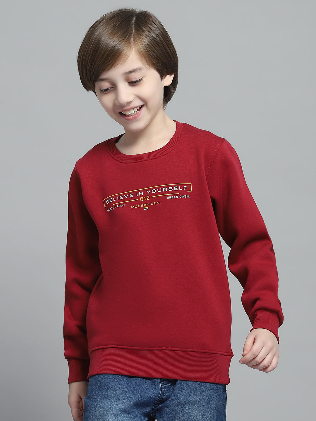 Boys Maroon Printed Round Neck Full Sleeve Sweatshirt