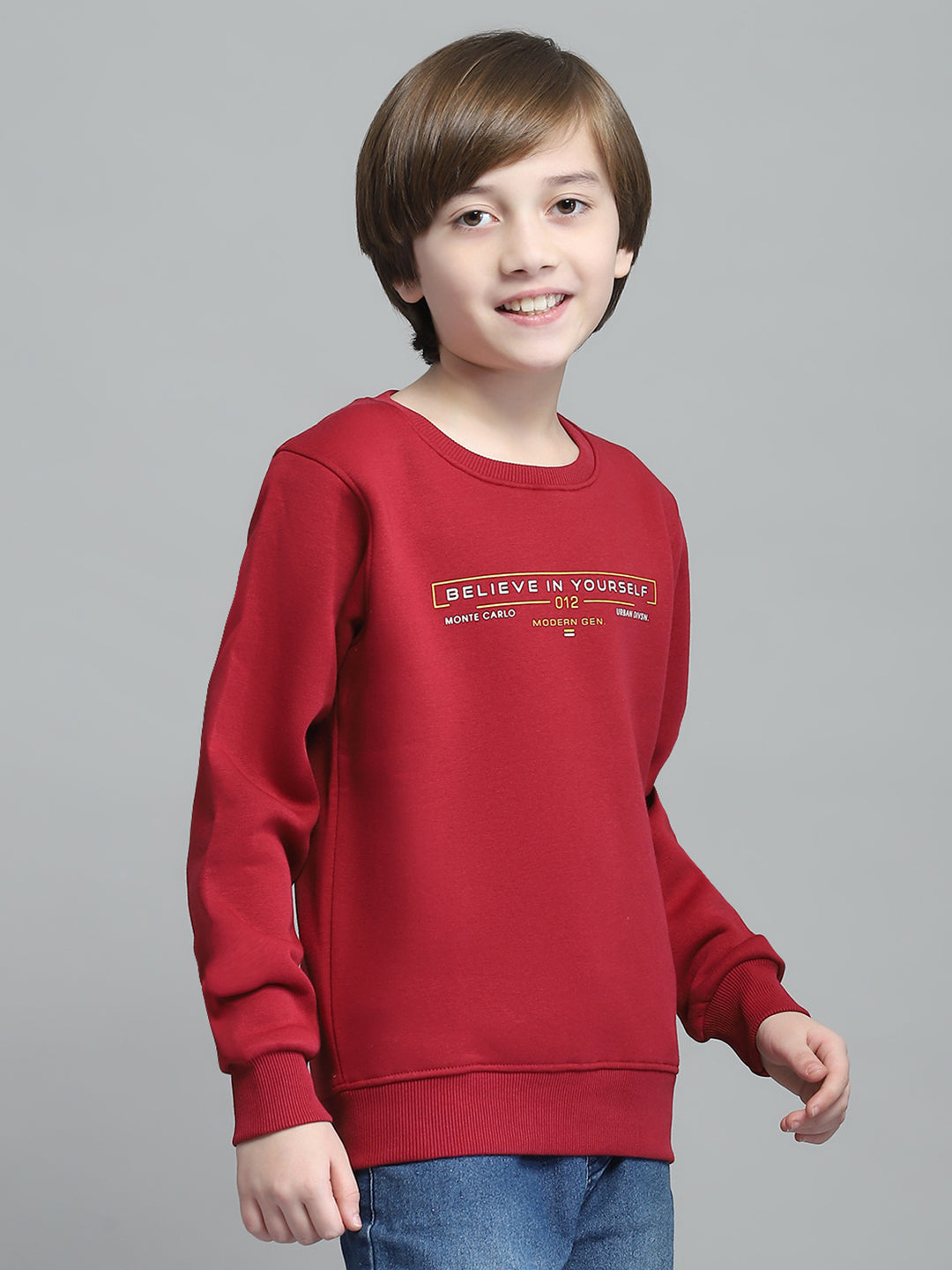 Boys Maroon Printed Round Neck Full Sleeve Sweatshirt