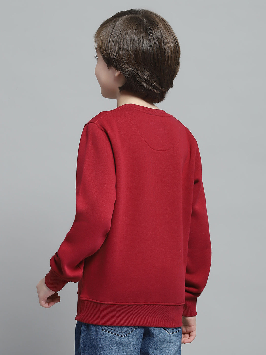 Boys Maroon Printed Round Neck Full Sleeve Sweatshirt