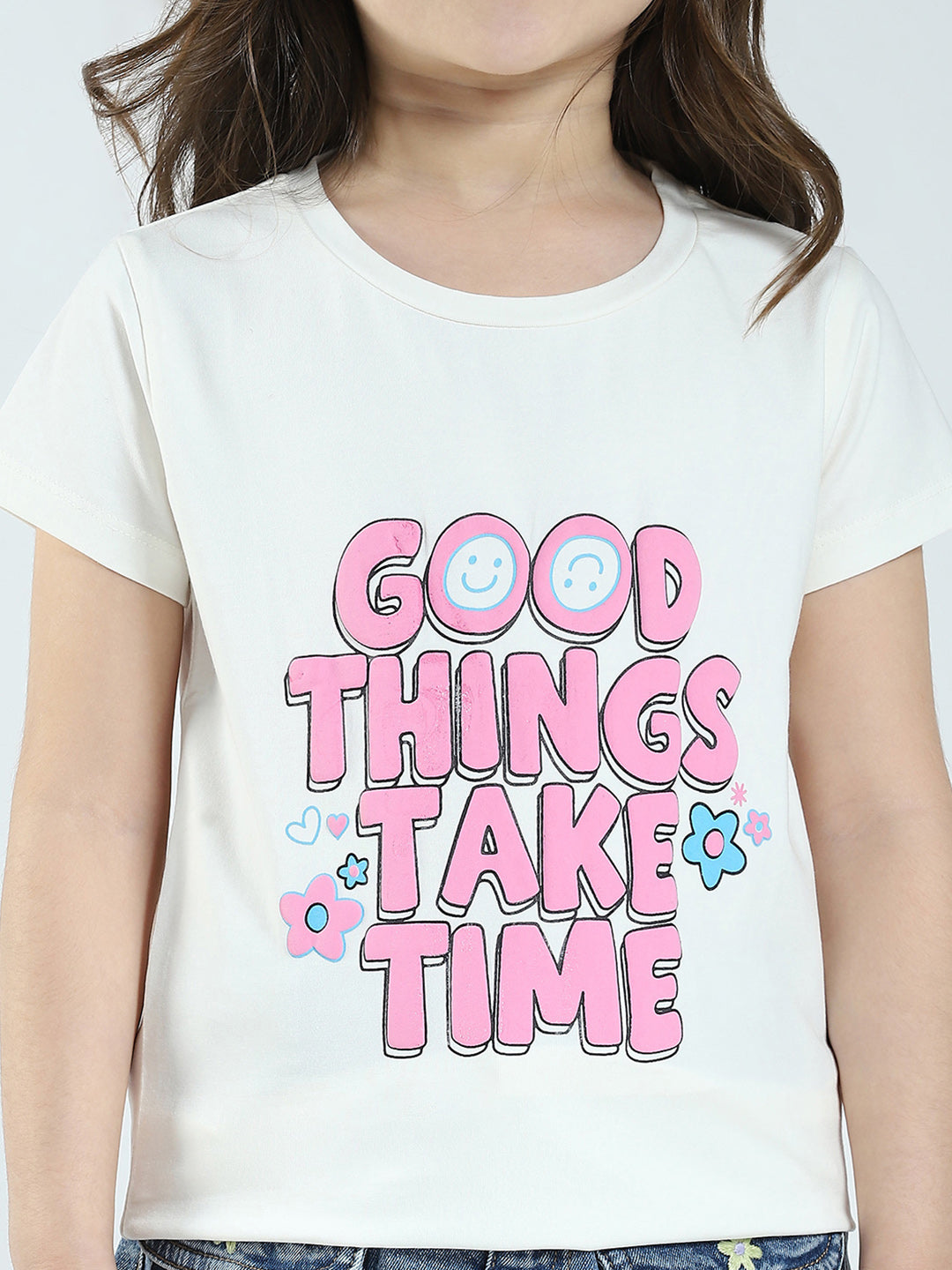 Girls Off White & Pink Printed Round Neck Half Sleeve Top 2Pc Set