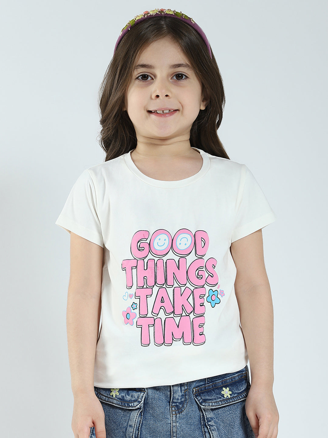 Girls Off White & Pink Printed Round Neck Half Sleeve Top 2Pc Set