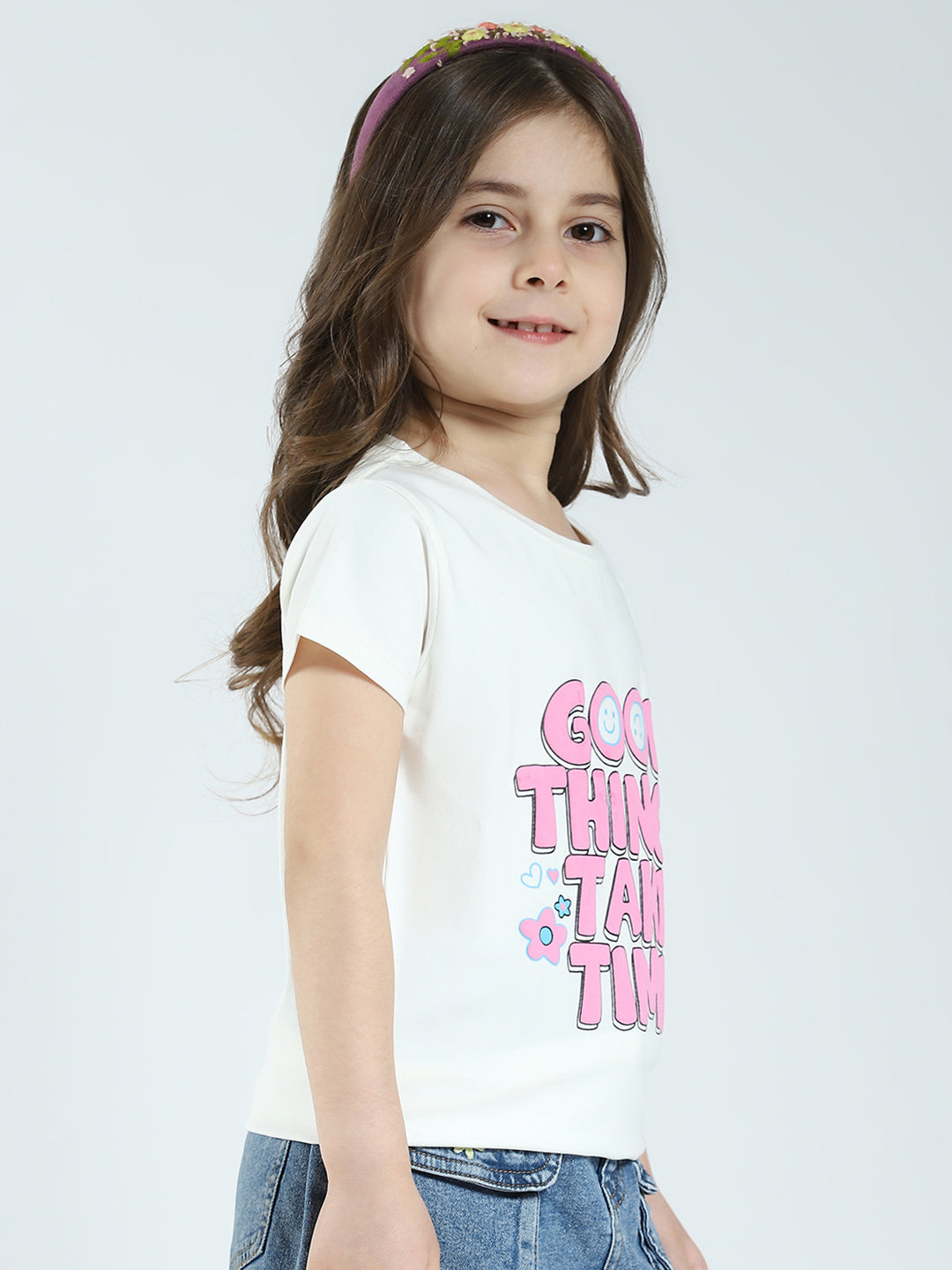 Girls Off White & Pink Printed Round Neck Half Sleeve Top 2Pc Set