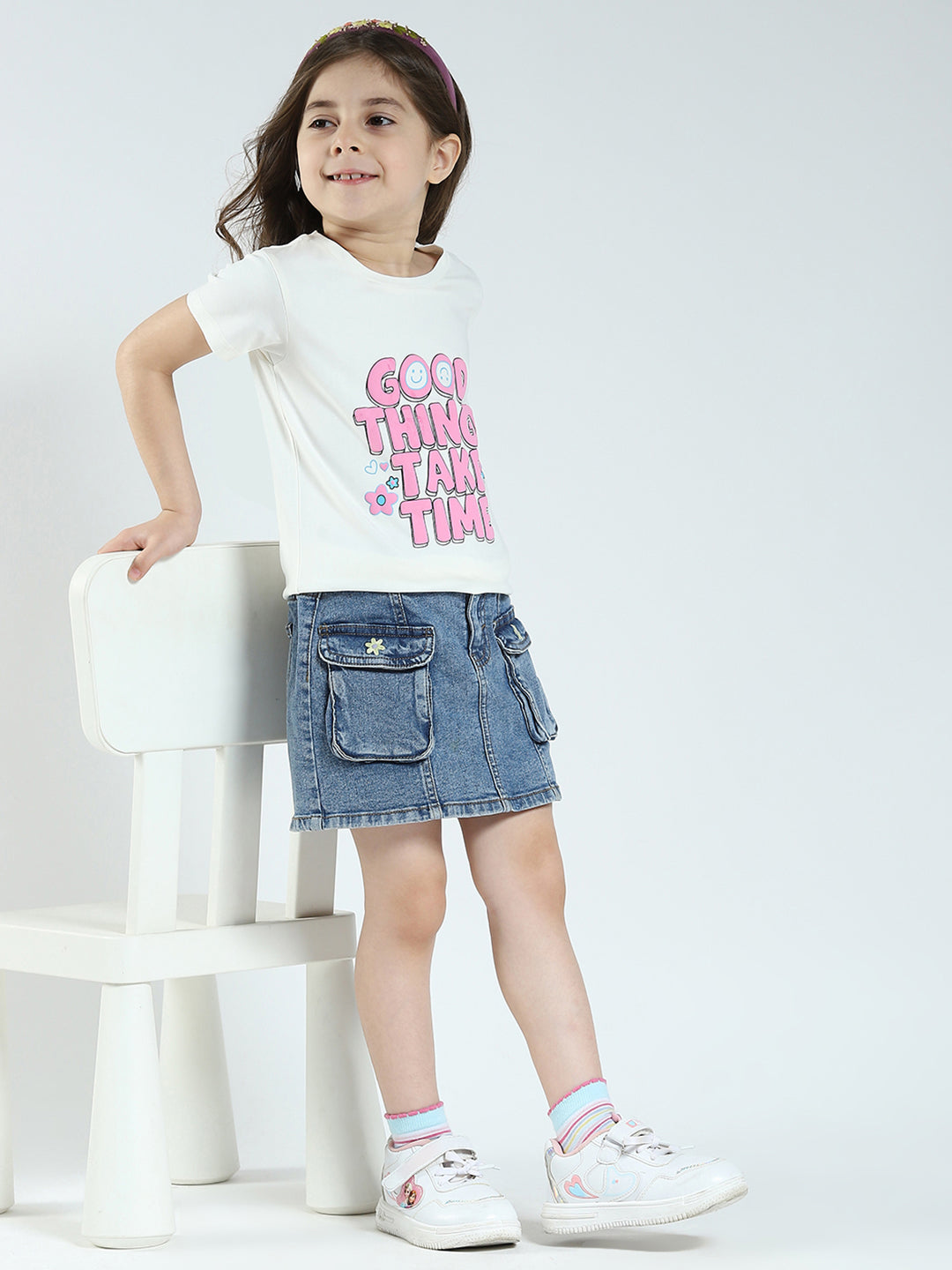 Girls Off White & Pink Printed Round Neck Half Sleeve Top 2Pc Set