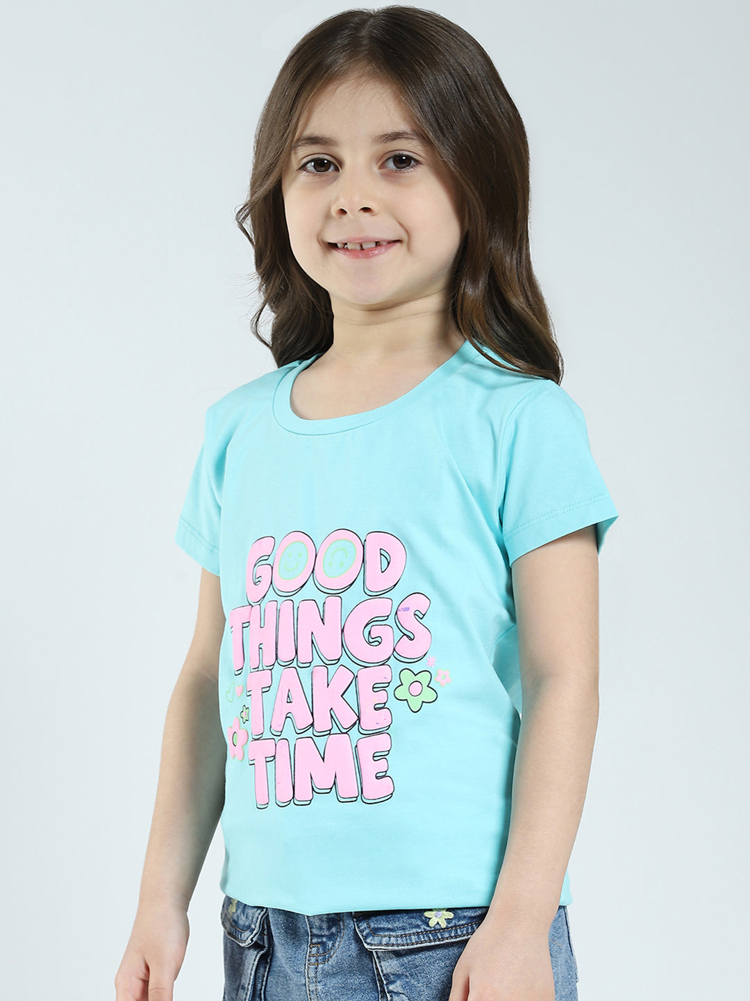 Girls Black & Blue Printed Round Neck Half Sleeve Top 2Pc Set