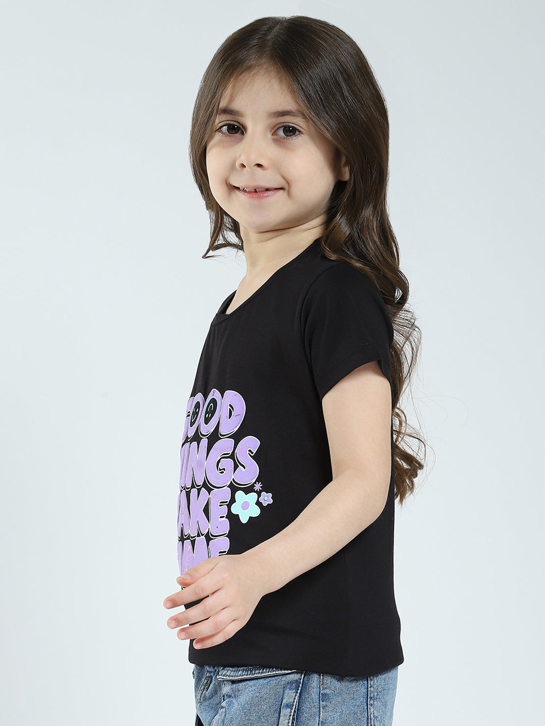 Girls Black & Blue Printed Round Neck Half Sleeve Top 2Pc Set