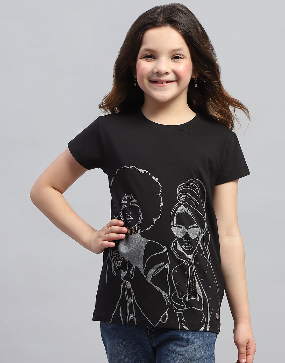 Girls Black Printed Round Neck Half Sleeve Top