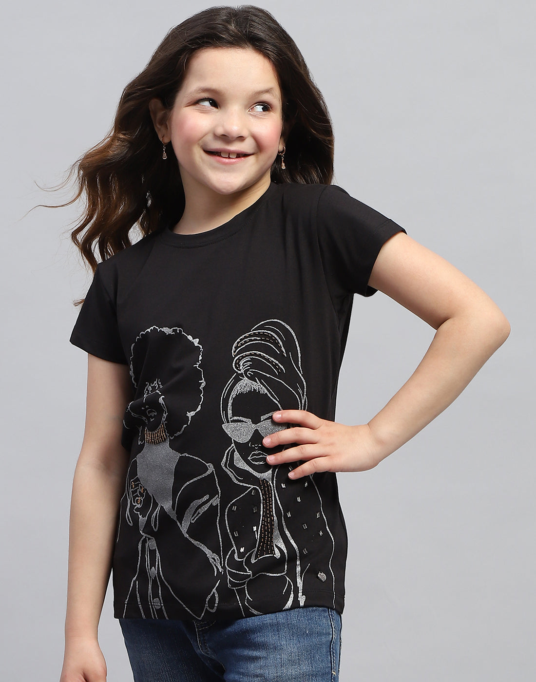 Girls Black Printed Round Neck Half Sleeve Top