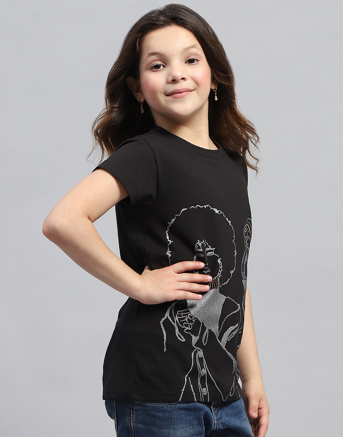 Girls Black Printed Round Neck Half Sleeve Top