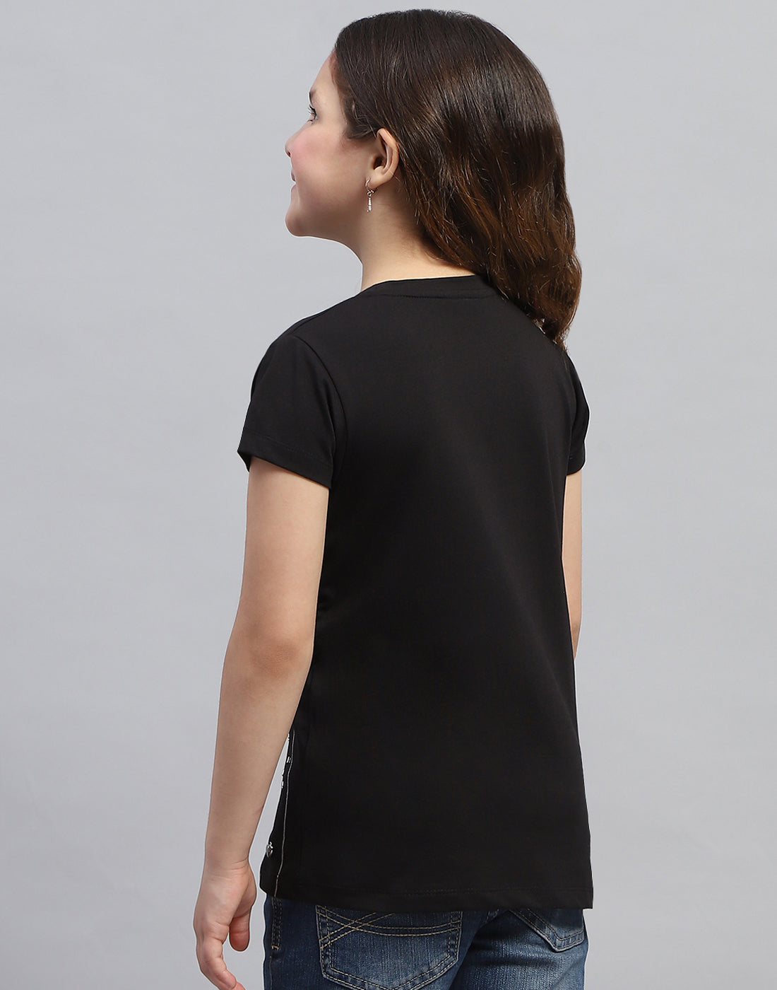 Girls Black Printed Round Neck Half Sleeve Top