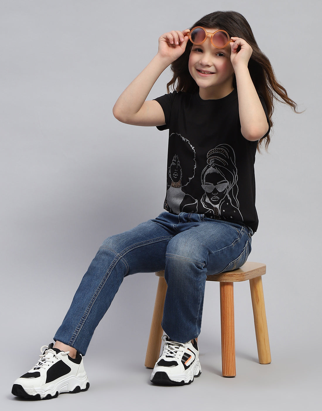 Girls Black Printed Round Neck Half Sleeve Top