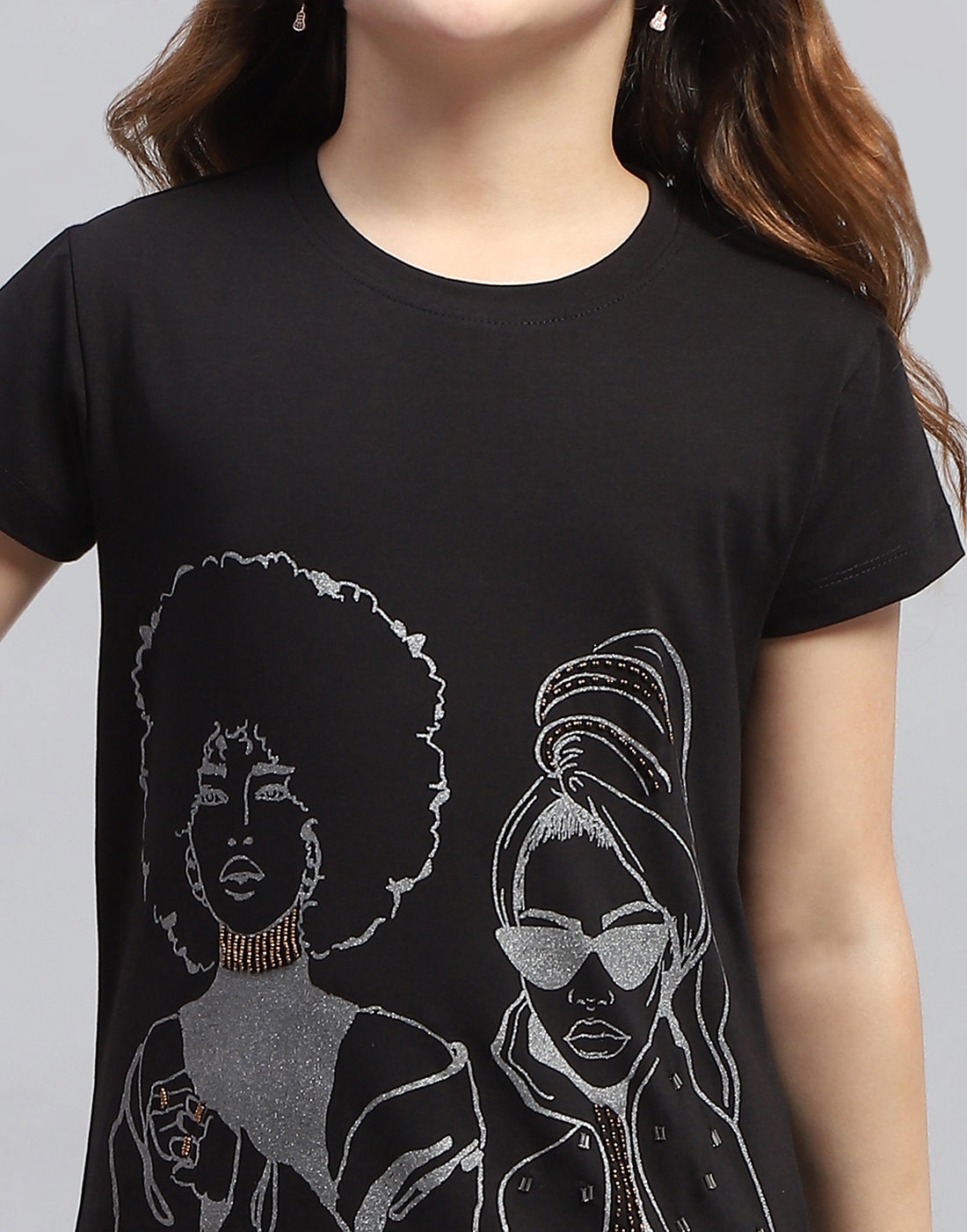 Girls Black Printed Round Neck Half Sleeve Top