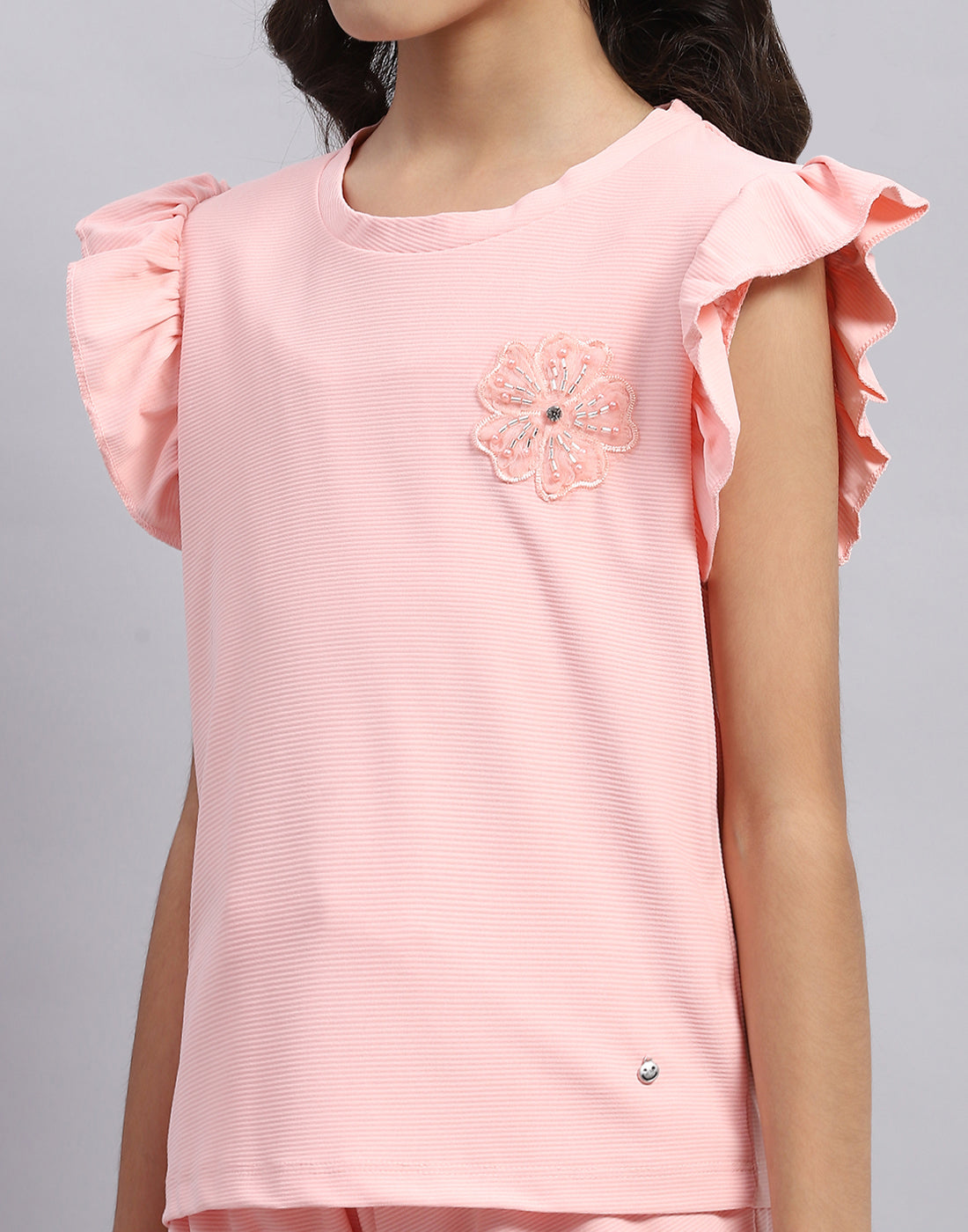 Girls Peach Self Design Round Neck Half Sleeve Shorts Set