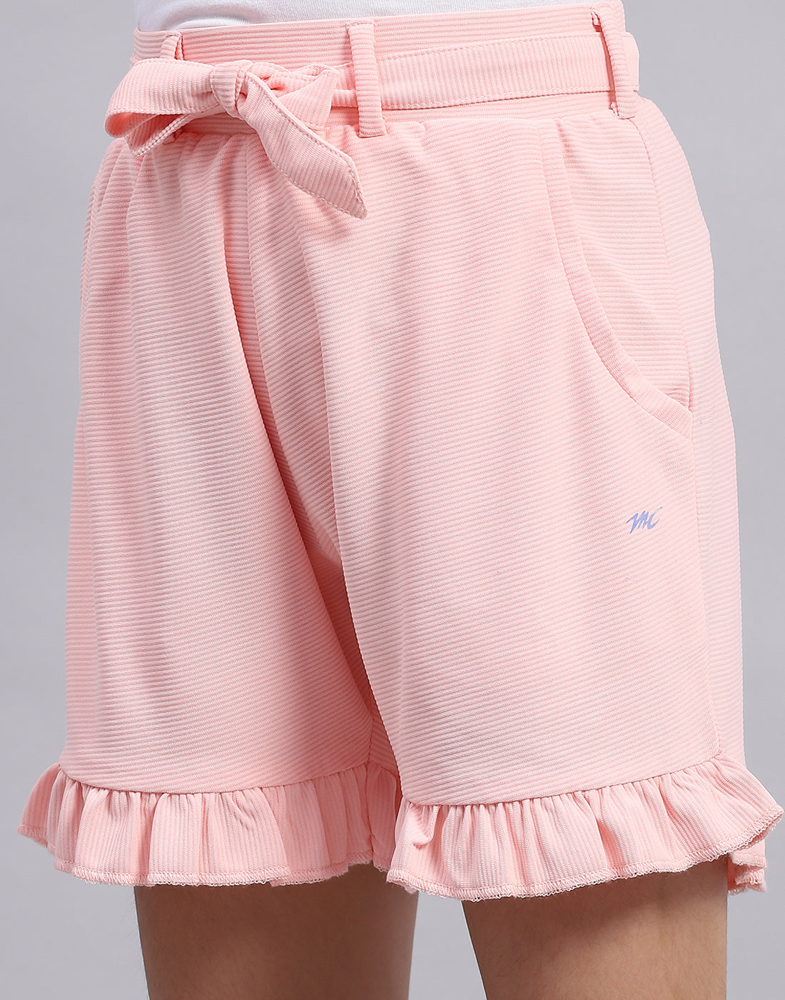 Girls Peach Self Design Round Neck Half Sleeve Shorts Set