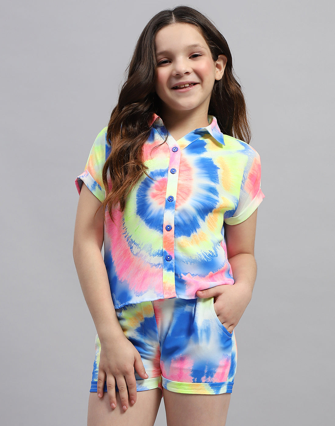 Girls Blue Printed Round Neck Half Sleeve Cords Set