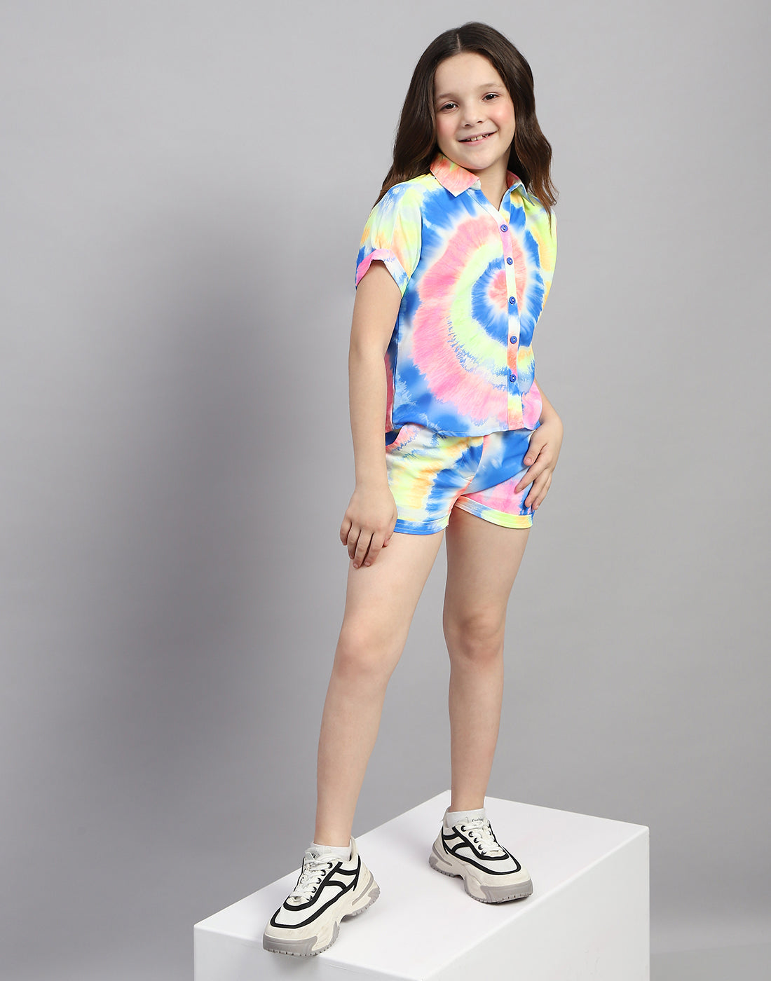 Girls Blue Printed Round Neck Half Sleeve Cords Set