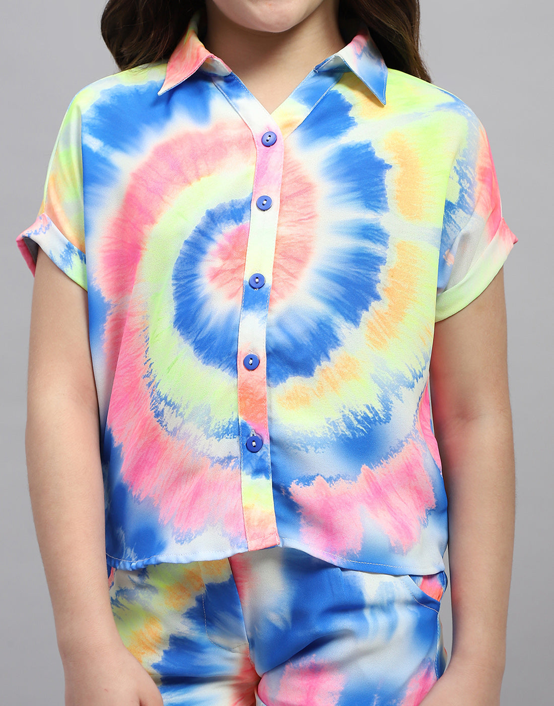 Girls Blue Printed Round Neck Half Sleeve Cords Set