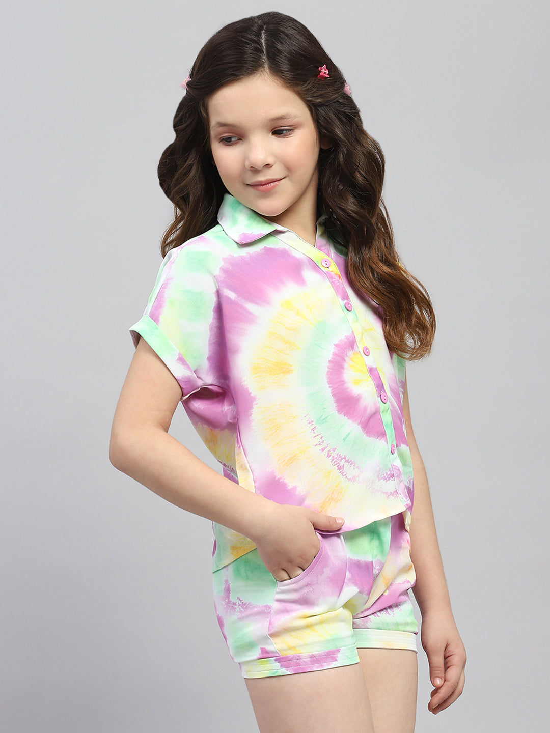 Girls Multicolor Printed Collar Half Sleeve Cords Set