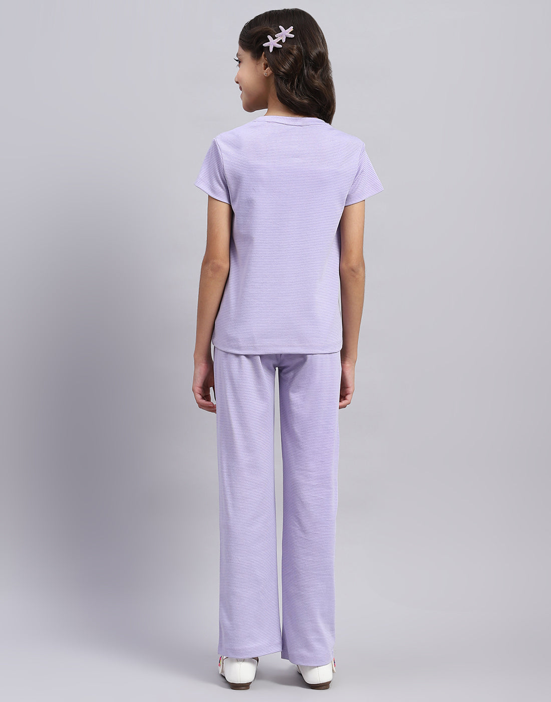 Girls Purple Printed Round Neck Half Sleeve Cords Set