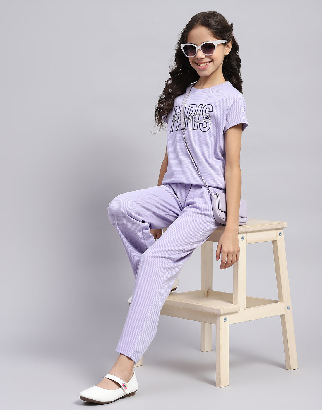 Girls Purple Printed Round Neck Half Sleeve Cords Set