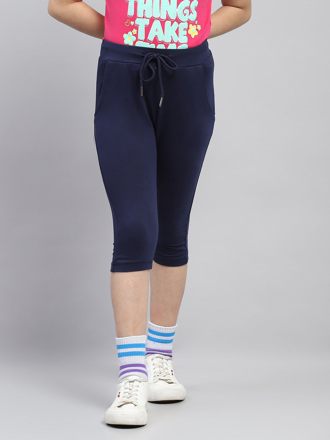 Girls Navy Blue Solid Regular Fit Capri - Main Image
