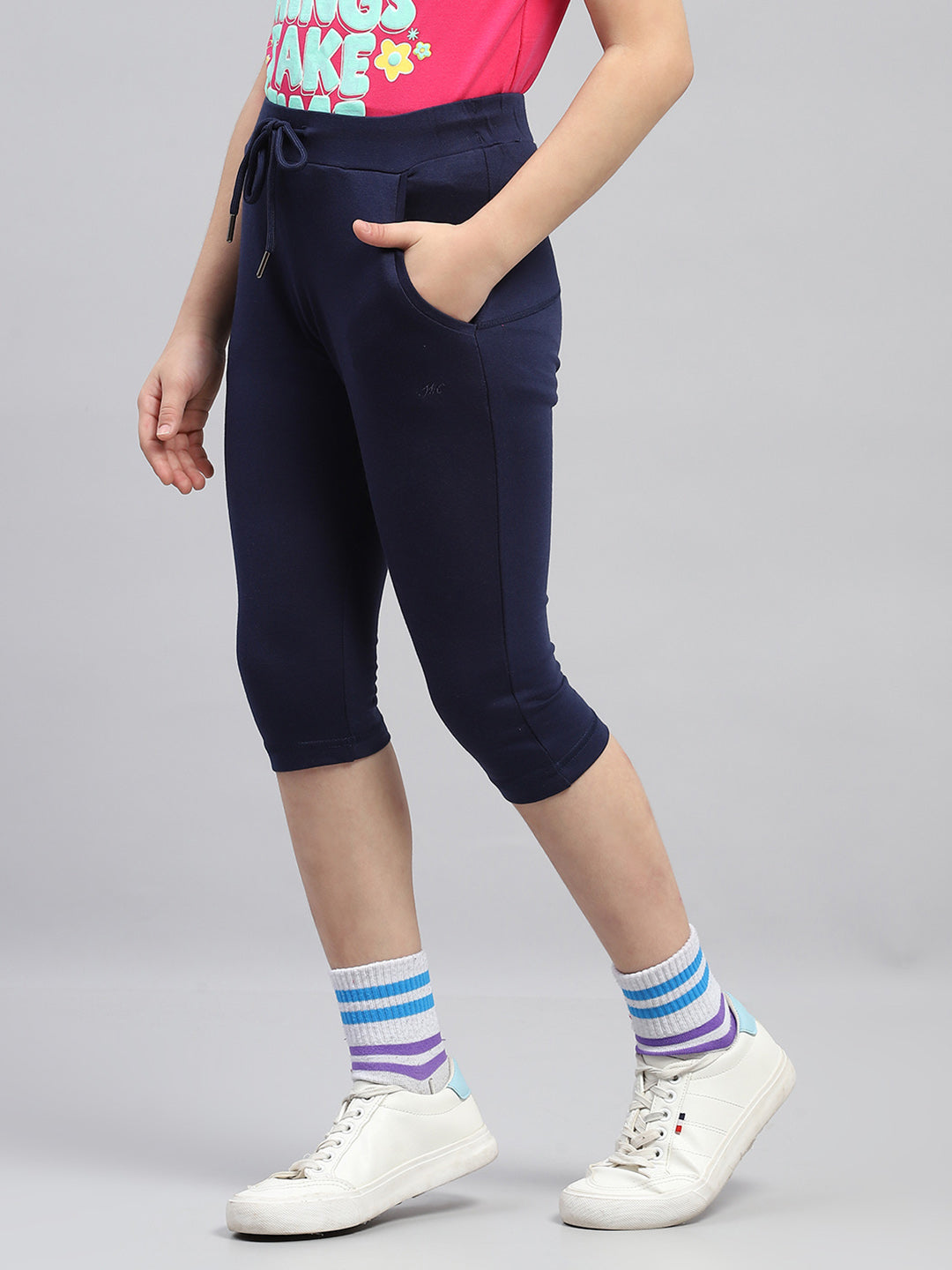 Girls Navy Blue Solid Regular Fit Capri